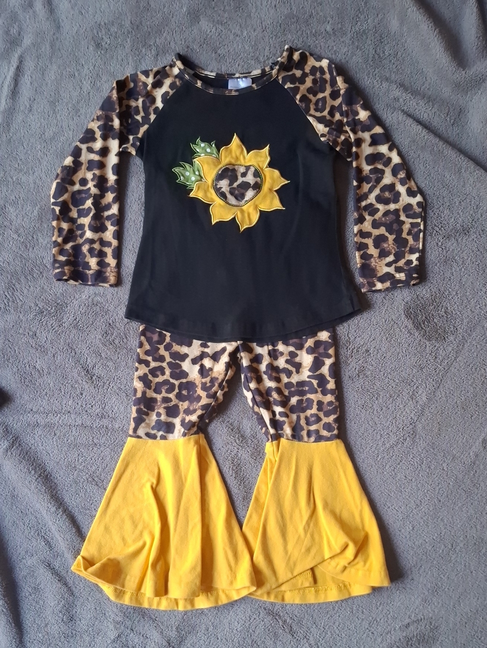 Kids Black & Leopard Sunflower Pajama Set with Yellow Ruffled Pants